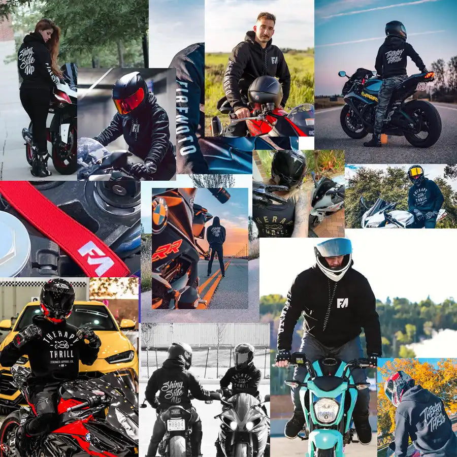 Collage of motorcycle apparel and riders.